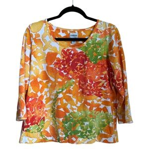 Chico's Womens Shirt Size 2 (US 12/L) Orange Floral 3/4 Sleeves Cotton Blend Top